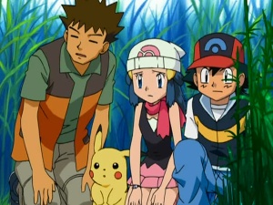 Dawn, Brock, Ash a Pikachu